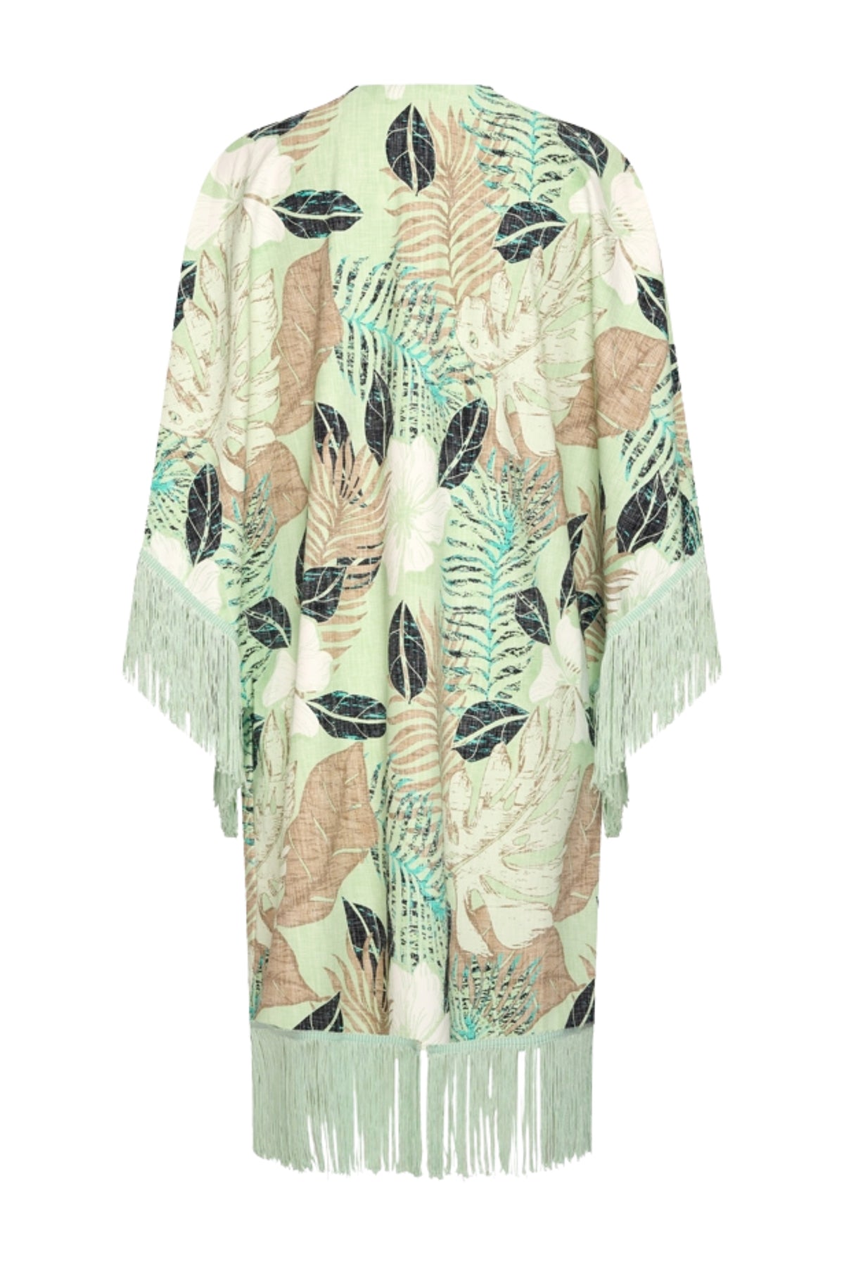 Mi Piace reiskimono met botanische print in pistachekleur, zachte stof, comfortabele pasvorm voor reizen en ontspanning.