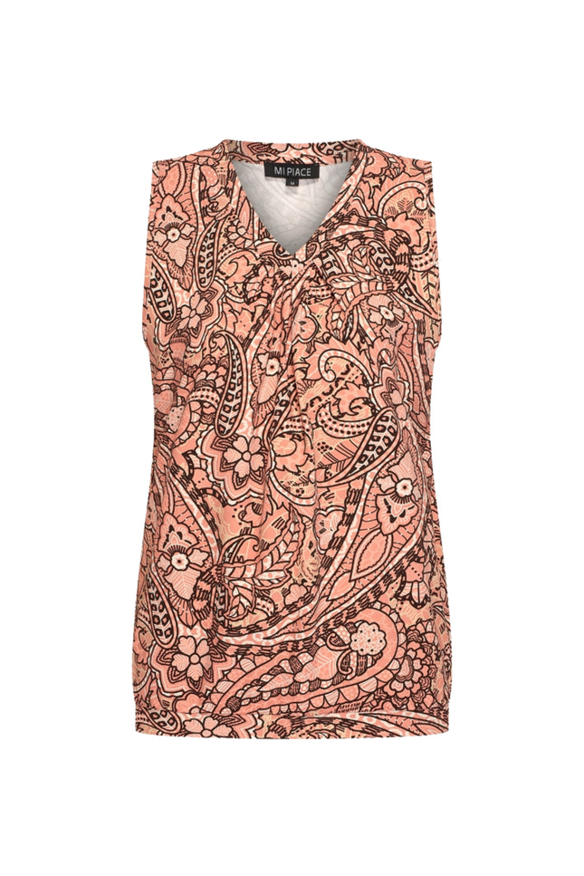 Mi Piace Travel Top Pleated Summer Paisley Print Sunset Clay 202814 Stretchshop.nl