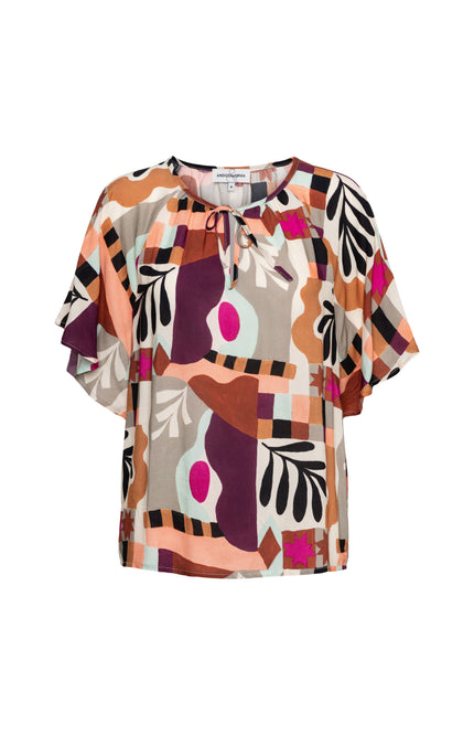 &Co woman Top Axelle Art Leaf Plum Multi TO371 Stretchshop.nl