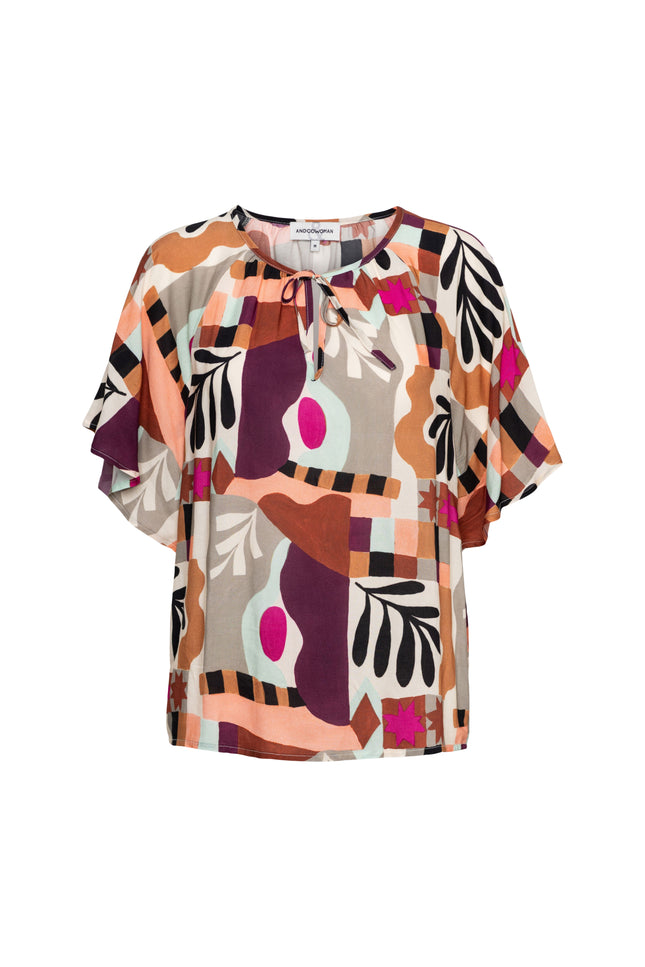 &Co woman Top Axelle Art Leaf Plum Multi TO371 Stretchshop.nl