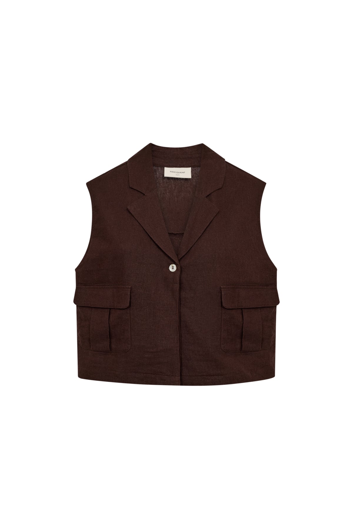 Freequent Gilet Fqlava Coffee Bean met knopen en rits, getailleerd model, draagbaar als bovenkleding of casual look.