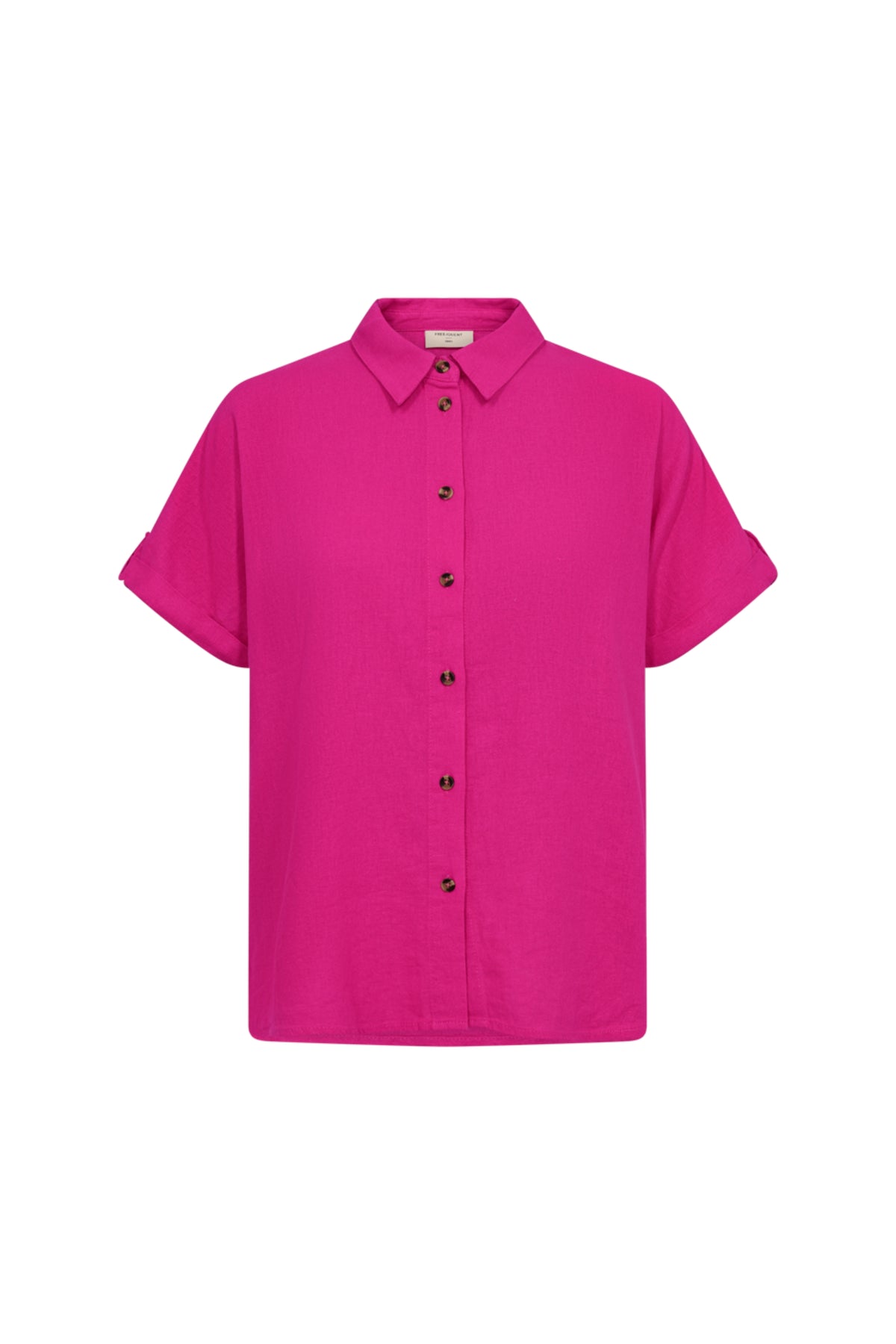 Fuchsia paarse blouse van Freequent met lange mouwen en losse pasvorm, gedragen door model.