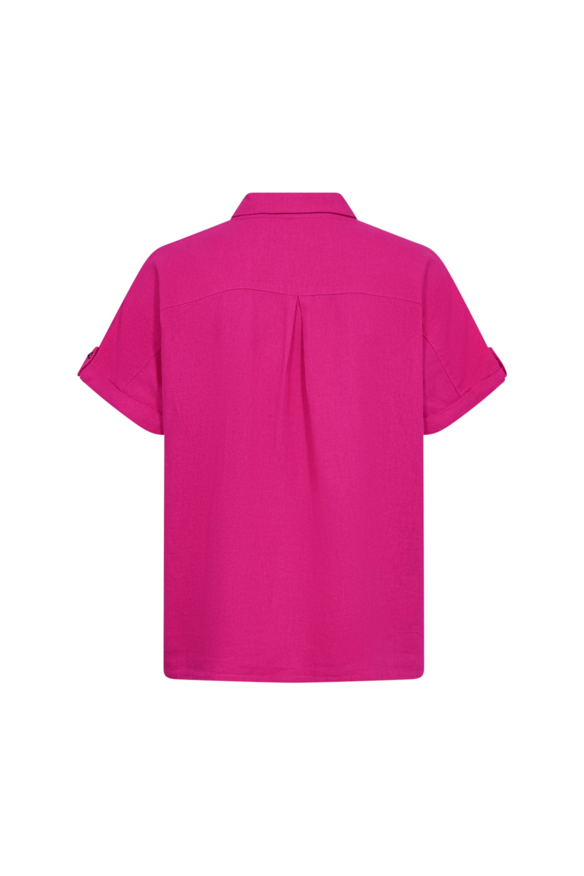 Fuchsia paarse blouse van Freequent met lange mouwen en ronde hals, gedragen door model, voor een stijlvolle look.