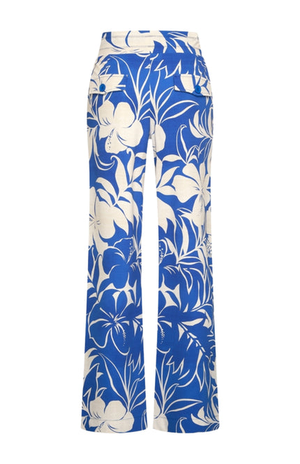 Mi Piace Travel Broek Tropical Hibiscus Print Nautic Blue 202433 Stretchshop.nl
