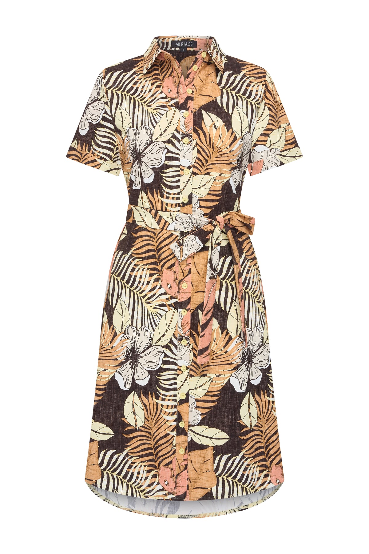 Mi Piace travel jurk met botanisch print in espressokleur, lichte en comfortabele zomerjurk voor dames.