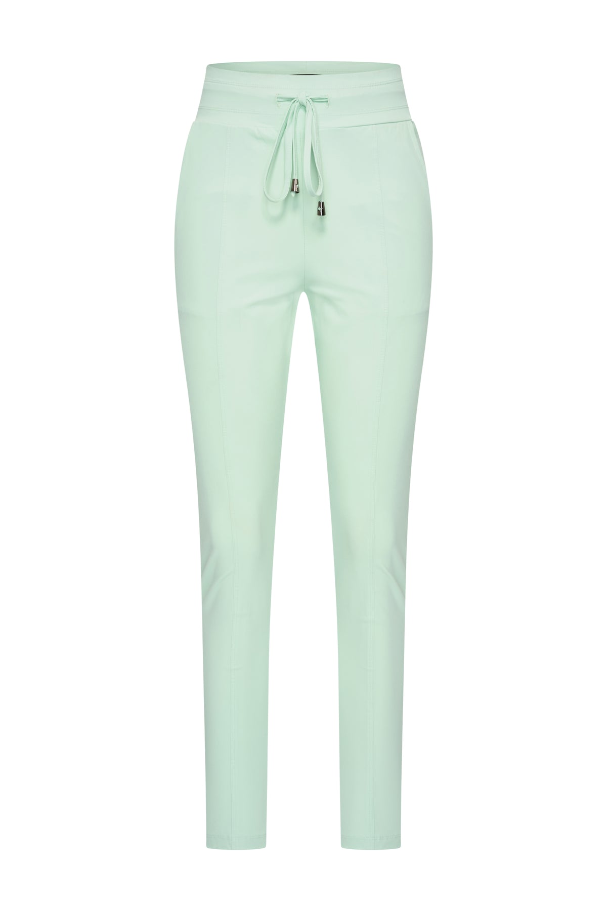 Pistachekleurige travel broek van Mi Piace, casual en comfortabel, met elastische tailleband en praktische zakken.