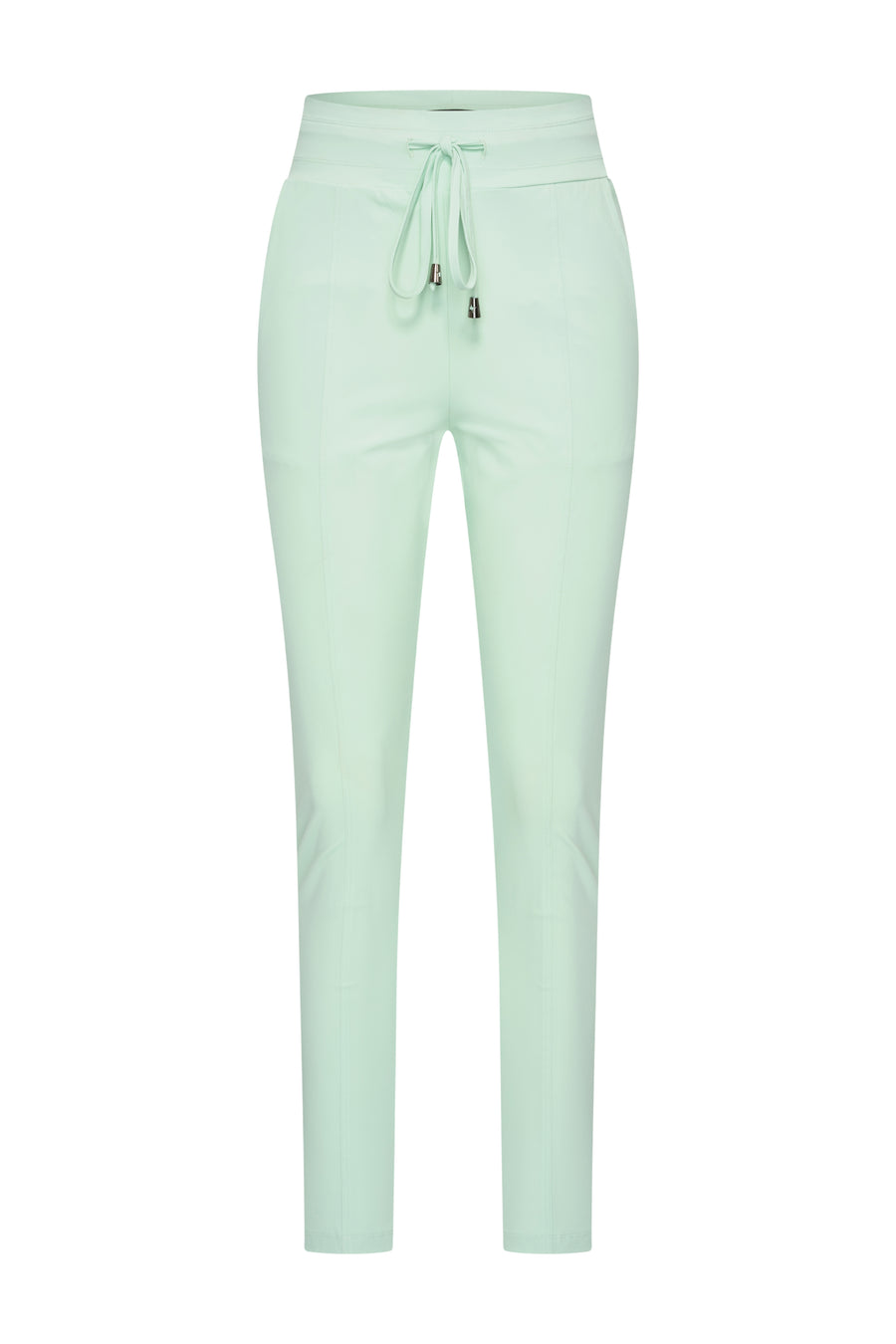 Pistachekleurige travel broek van Mi Piace, casual en comfortabel, met elastische tailleband en praktische zakken.