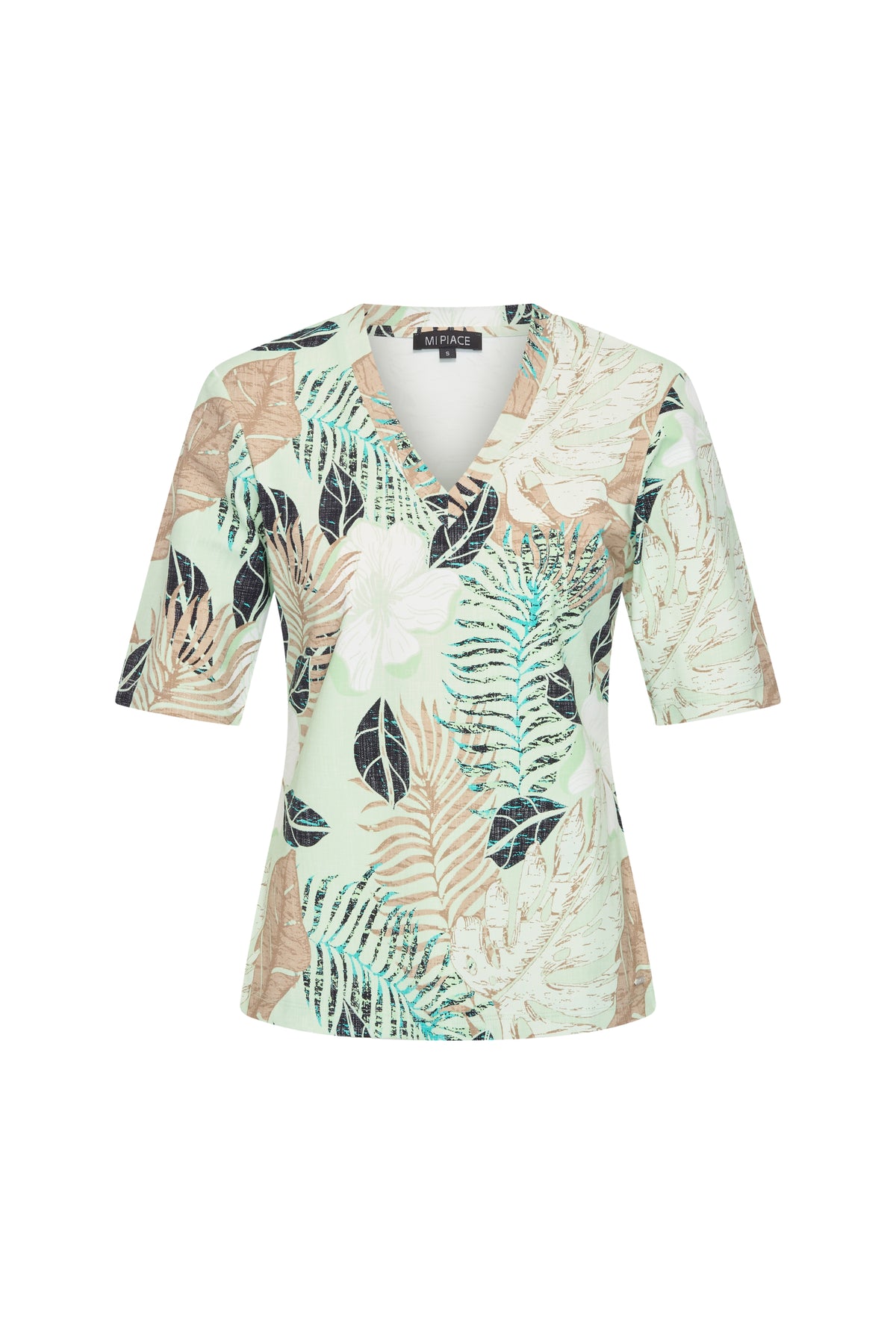 Mi Piace reistas met botanisch print in pistachekleur, stijlvolle Travel Top design en comfortabele handgrepen.