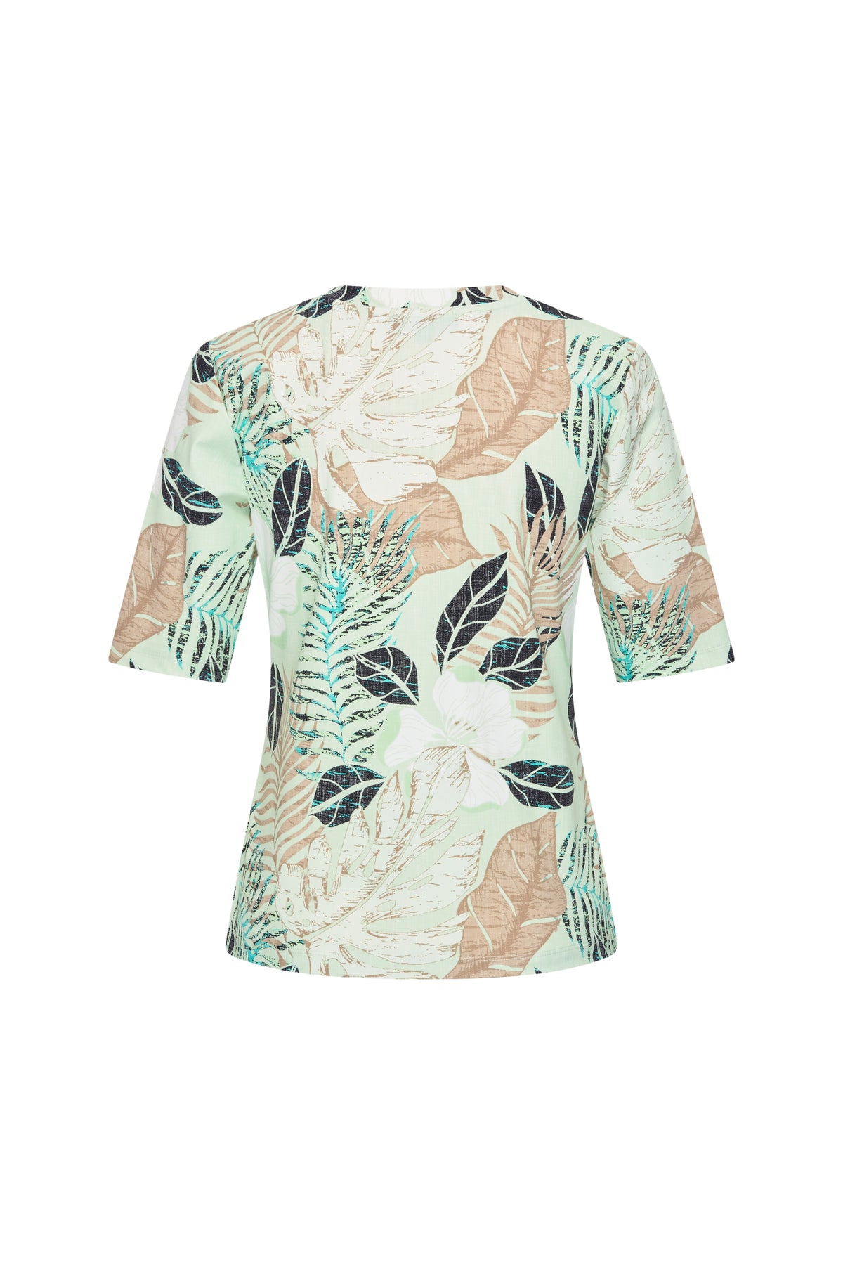 Reis-top met botanisch print in pistachekleur van Mi Piace, licht en comfortabel voor onderweg
