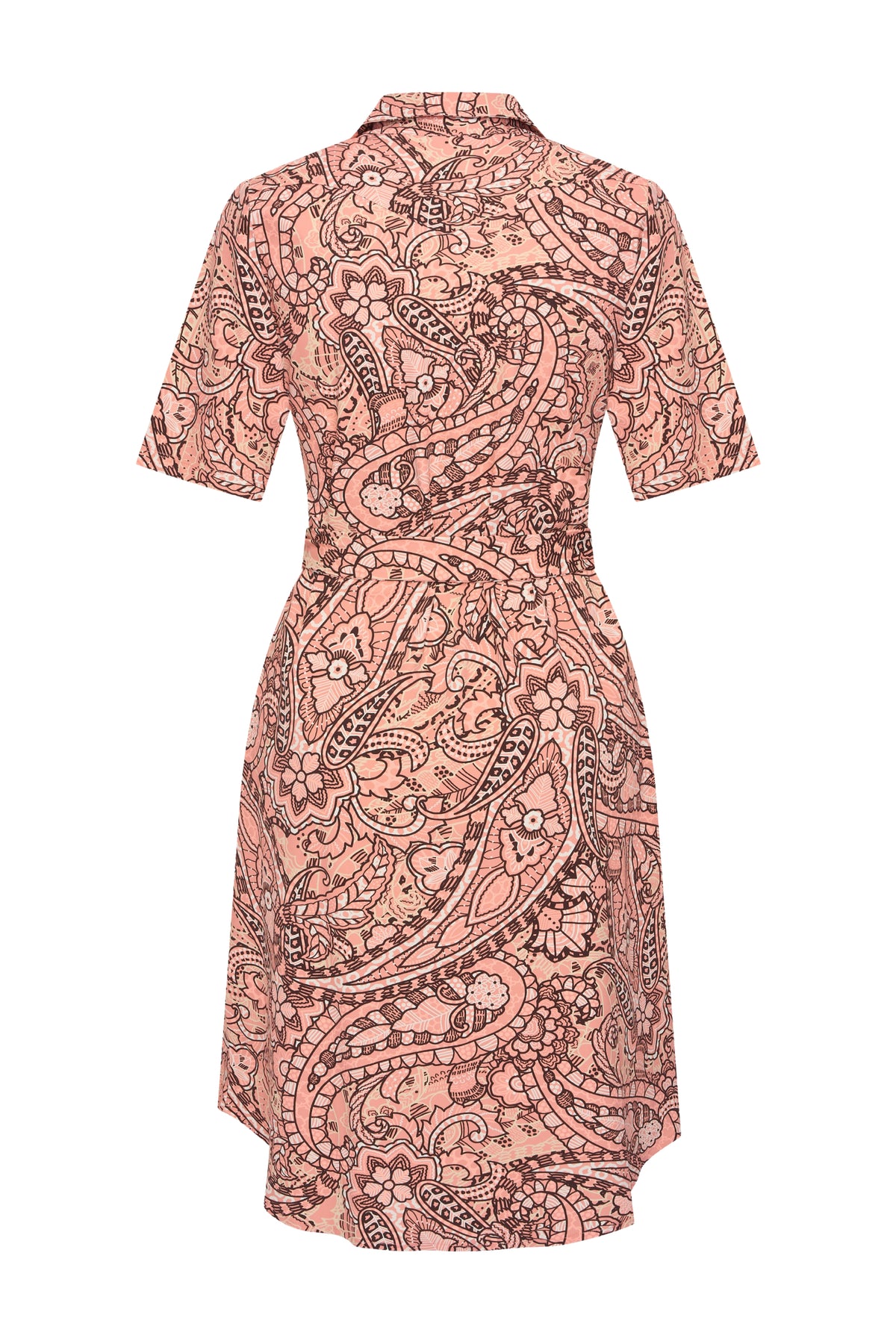 Zomerse reisjurk van Mi Piace met paisley print, sunsetkleuren en een comfortabele pasvorm.