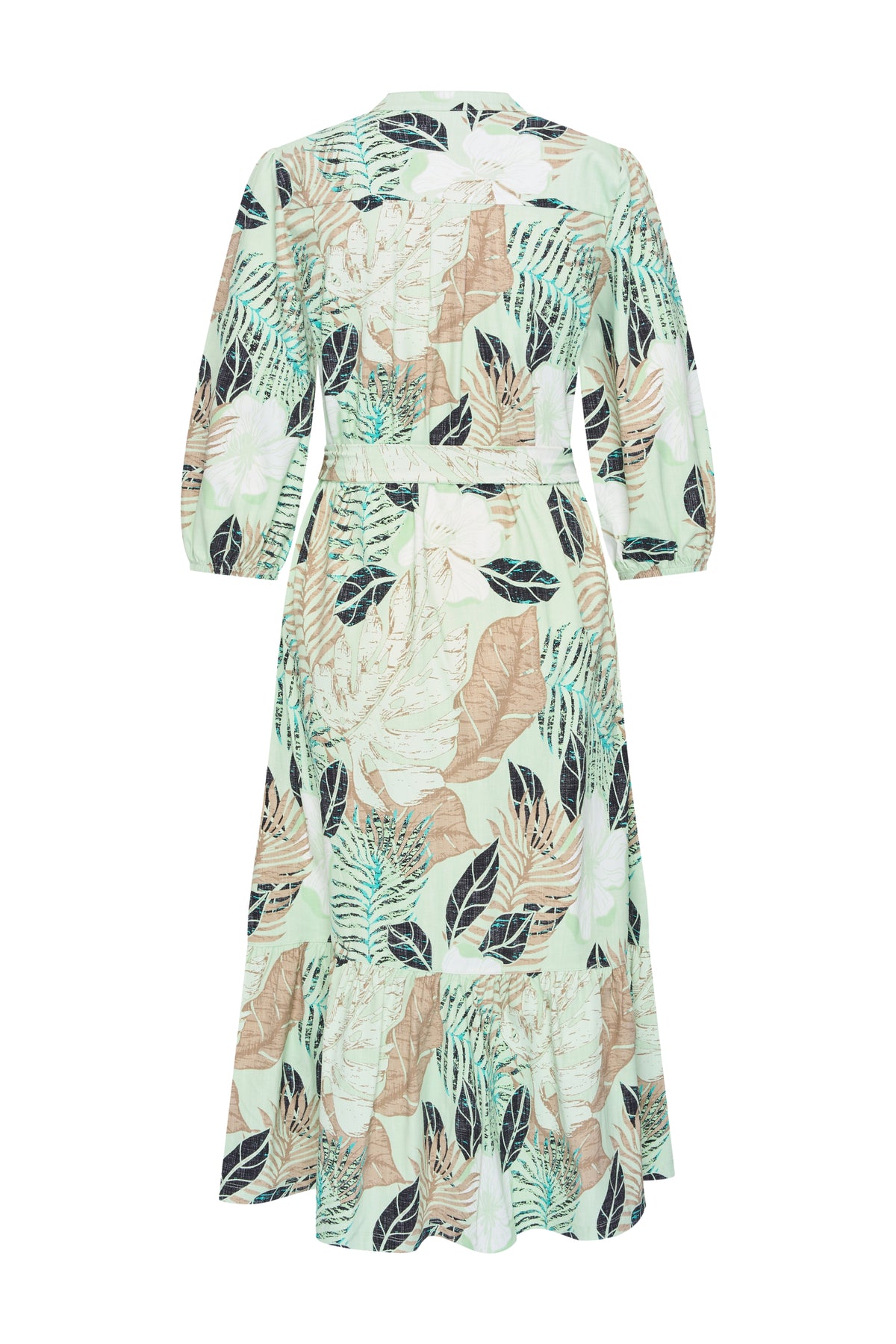 Lieve pistachegroene travel jurk met botanisch print van Mi Piace, licht en comfortabele zomerkleding voor dames.