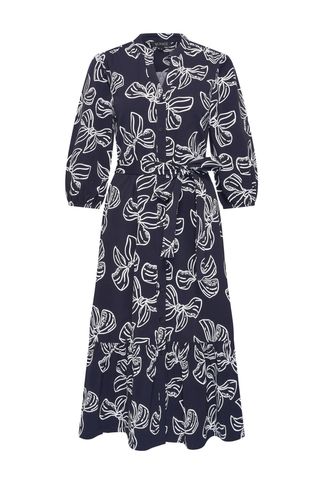 Mi Piace Travel Jurk Bow Print Navy Offwhite 202808 Stretchshop.nl