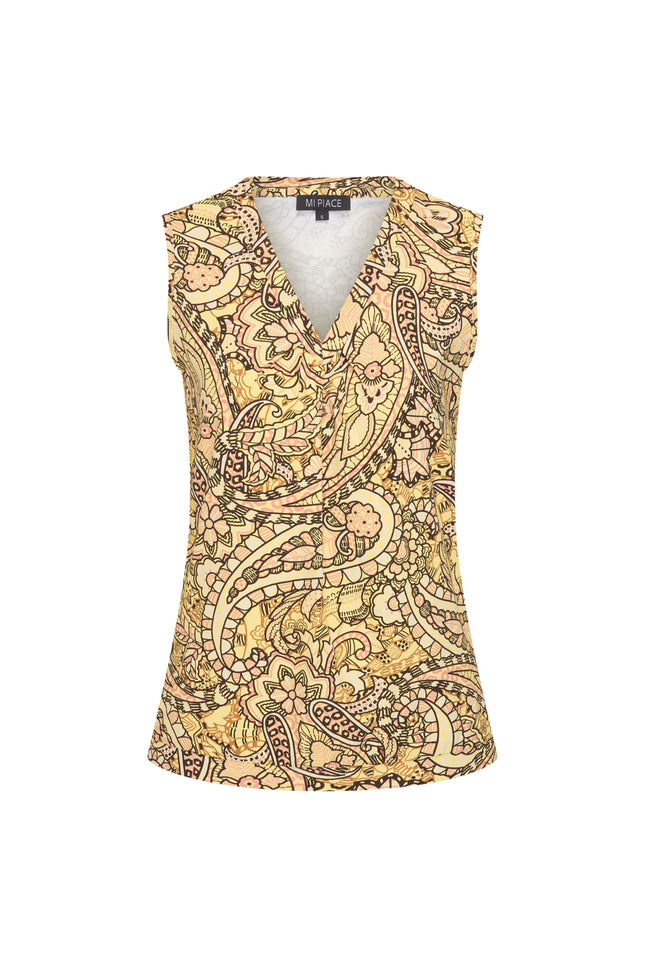 Mi Piace Travel Top Pleated Summer Paisley Print Lemon Yellow 202814 Stretchshop.nl
