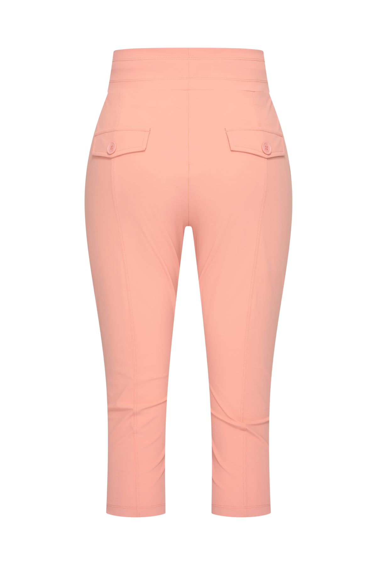 Lichte reisbroek capri van Mi Piace in peach amber kleur, katoenstof, met elastische taille en comfortabele pasvorm.