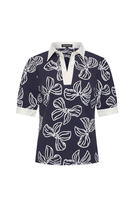 Mi Piace Travel Top Polo Bow Print Navy Offwhite 202853 Stretchshop.nl