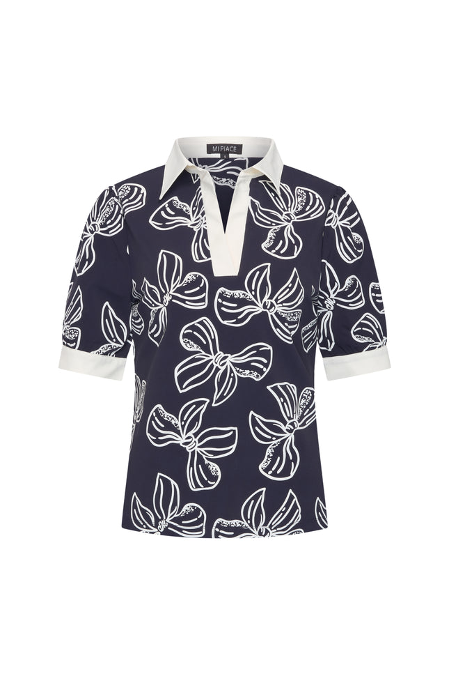 Mi Piace Travel Top Polo Bow Print Navy Offwhite 202853 Stretchshop.nl