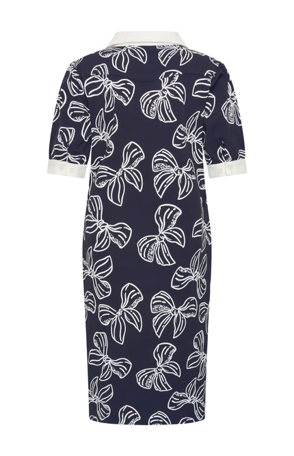 Mi Piace Travel Jurk Polo Bow Print Navy Offwhite 202854 Stretchshop.nl