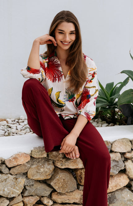 &Co woman Blouse Marijke Flower Claret Multi BL443 Stretchshop.nl