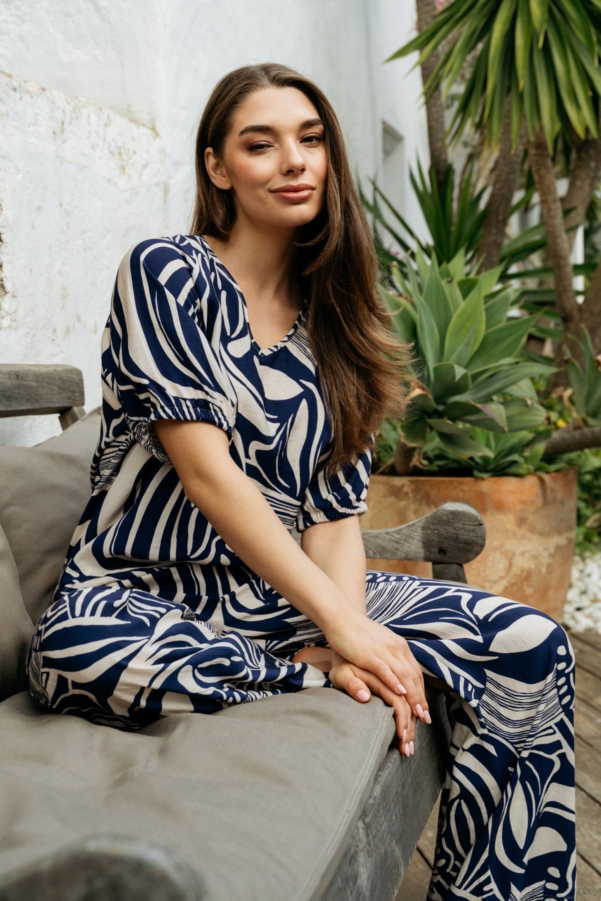 Blauwe multi-color Nessy Weave broek van &Co woman, gestreept design, comfortabel en stijlvol voor casual draagstijl