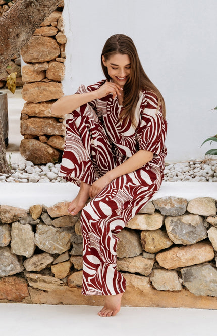 &Co woman Broek Nessy Weave Claret Multi PA449 Stretchshop.nl
