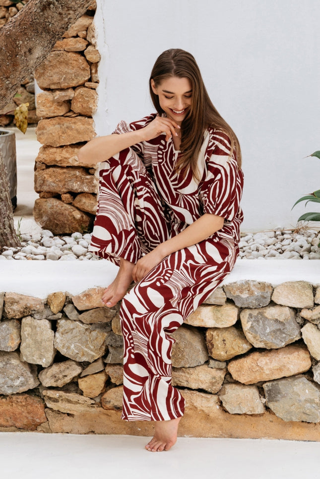 &Co woman Broek Nessy Weave Claret Multi PA449 Stretchshop.nl