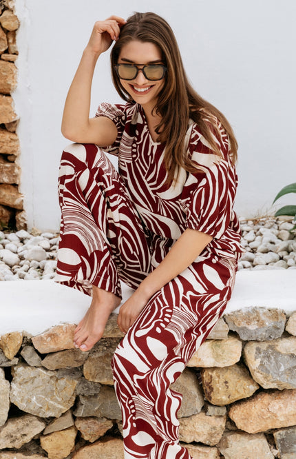 &Co woman Broek Nessy Weave Claret Multi PA449 Stretchshop.nl