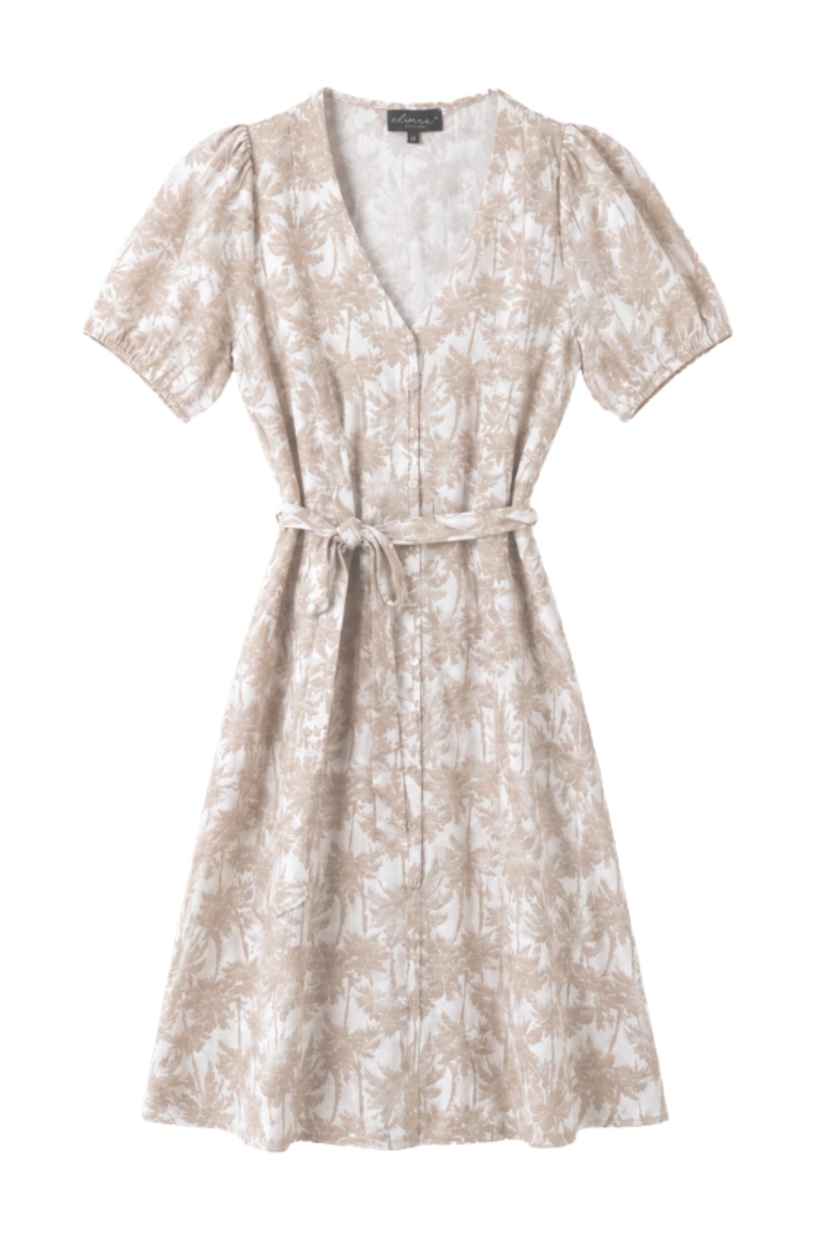 Elegante jurk Soleo Sand Palm van Elvira Casuals, met een kleurrijk palmprint en lichte, luchtige stof voor zomerse dagen.