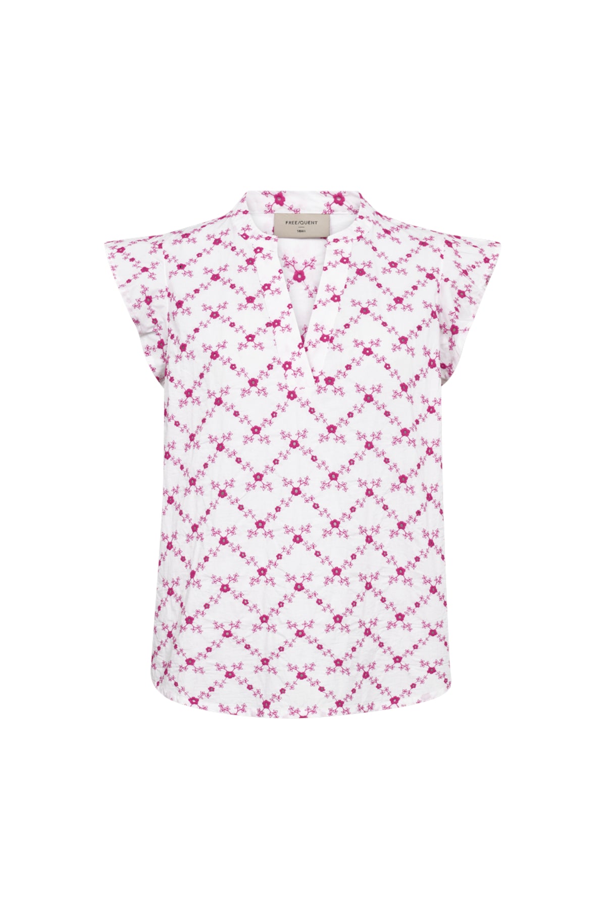 Witte blouse van Freequent met fuchsia en paarse details, model LARISSA, elegante en stijlvolle damesblouse.