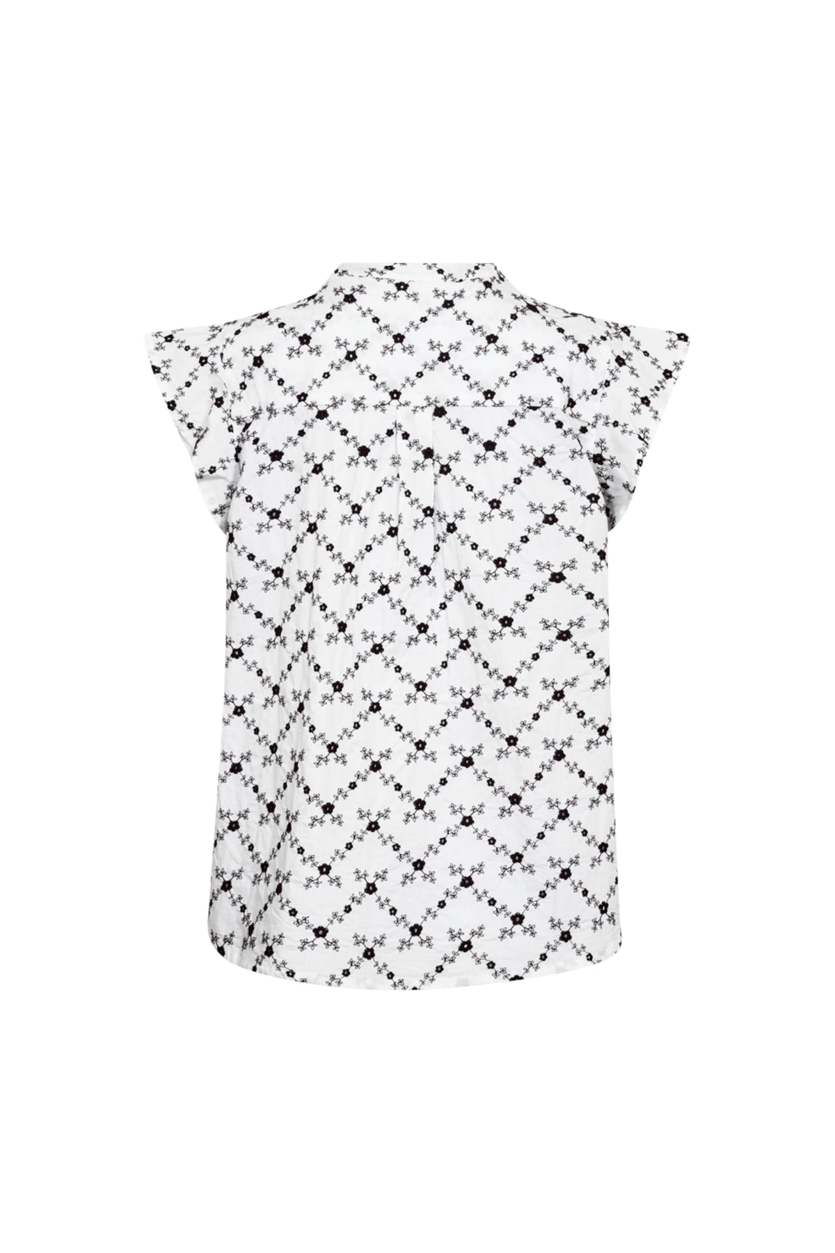 Witte blouse van Freequent met koffieboonprint, model Fqalisa Brilliant White, getoond op een model met neutrale achtergrond
