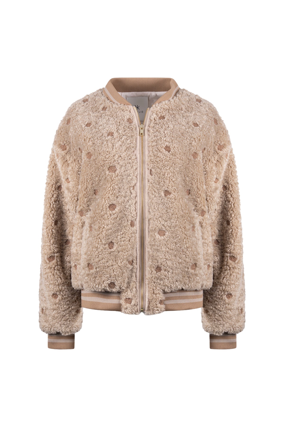 Nukus Henny Dots Sand jas met zwart-witte stippen, comfortabele pasvorm en stijlvolle uitstraling voor dames.