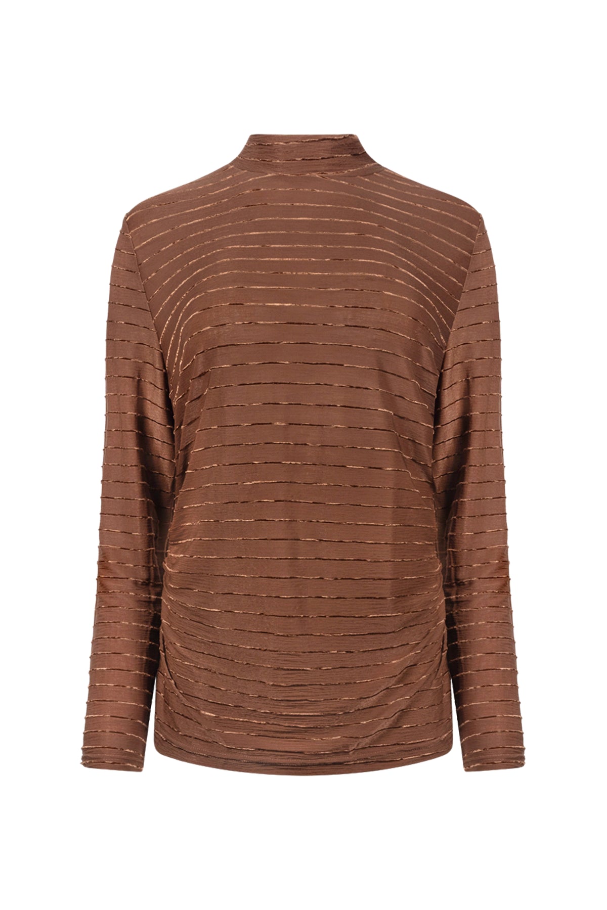 Nukus Top Gracie Stripe Espresso, gestreept damestop met korte mouwen en ronde hals, modieus en comfortabel.