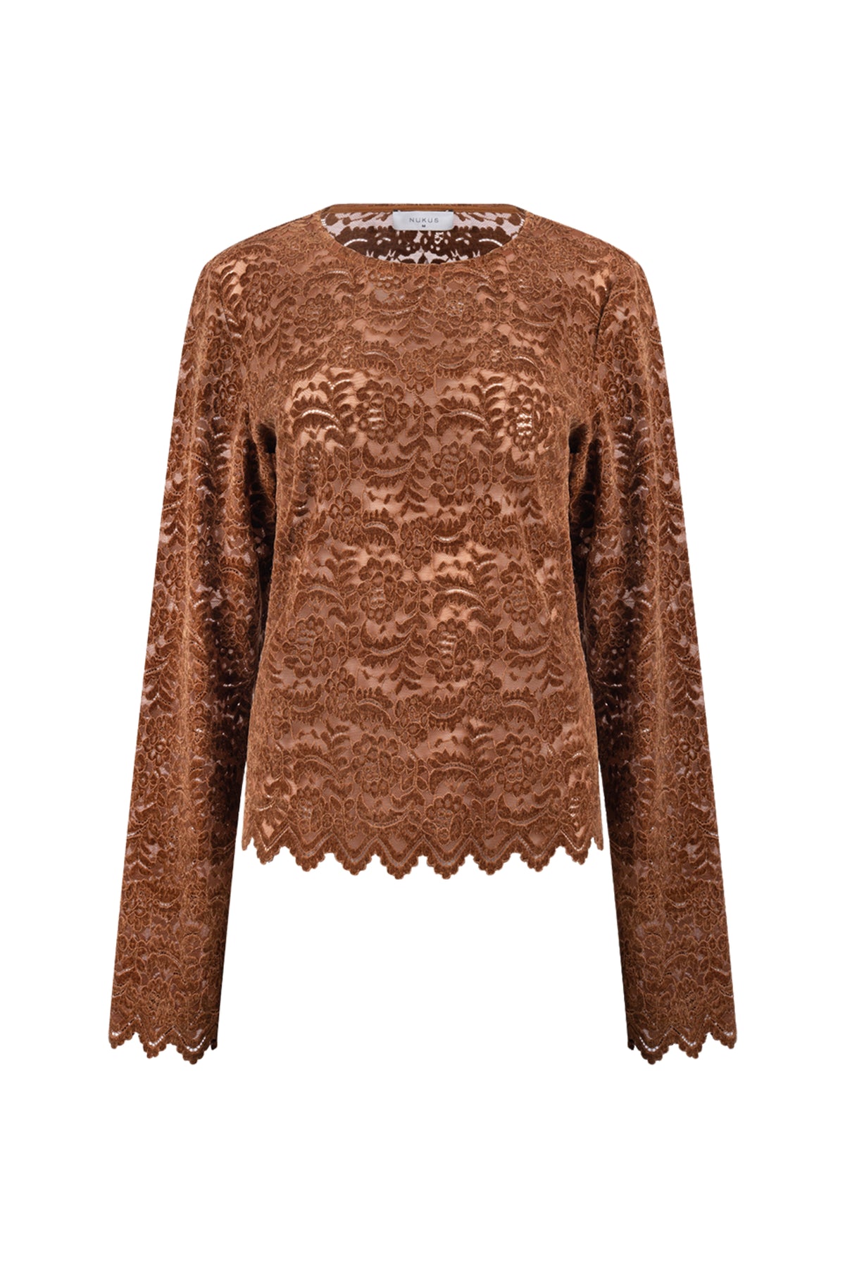 Elegante zwarte top van Nukus met kanten details, model Wies Lace Espresso, op een witte achtergrond.