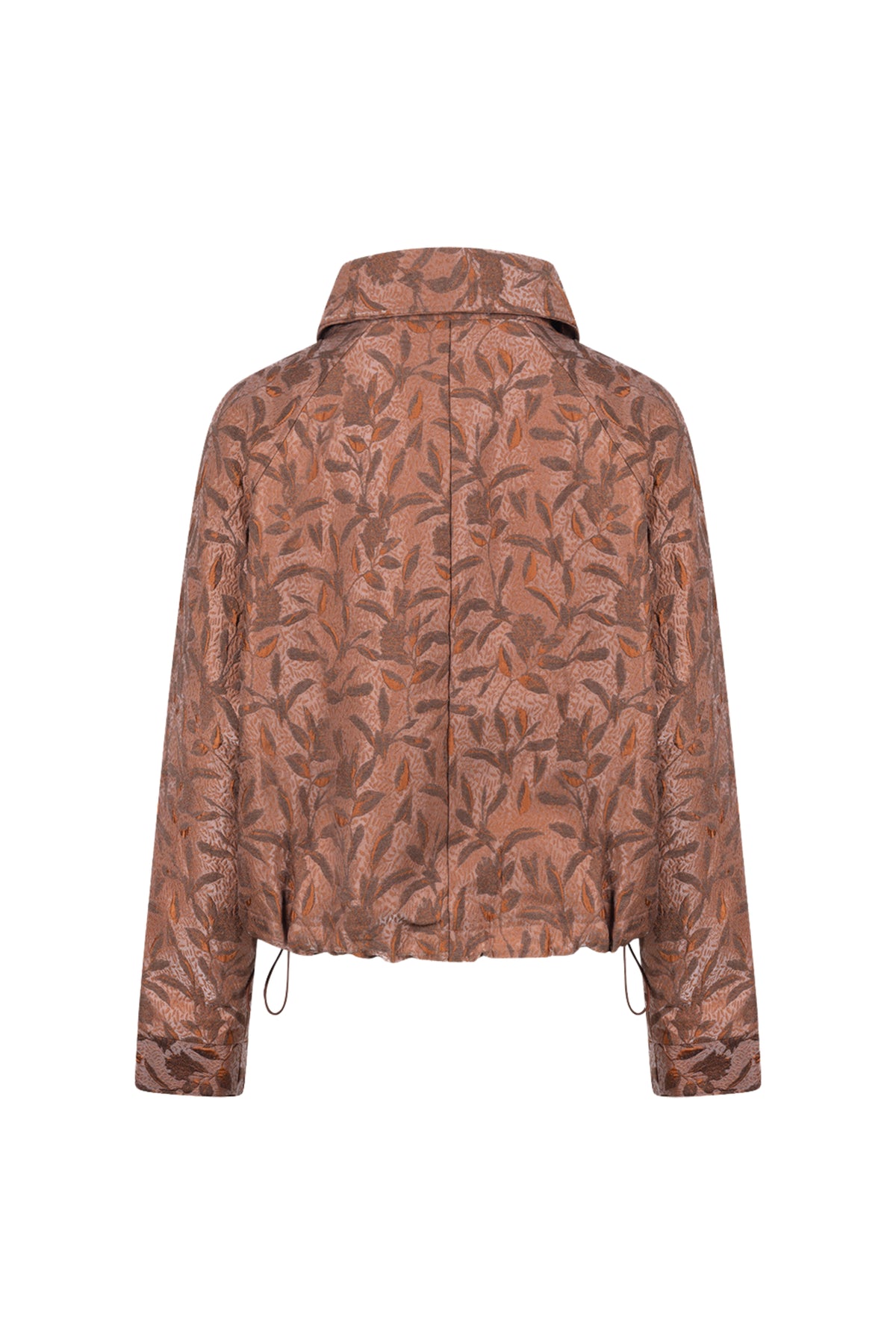 Nukus Daisey Flower Toffee jas met bloemenpatroon en rits, gedragen door een model op een lichte achtergrond.