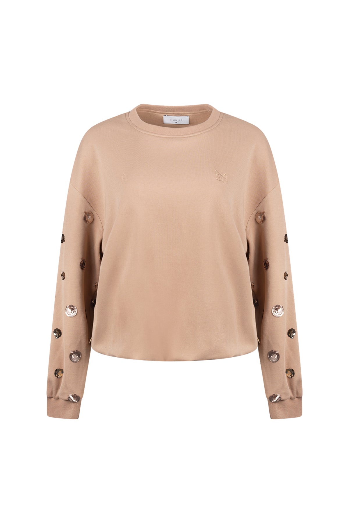 Nukus Trui Sara Paillet Toffee, zachte knitwear met glanzende pailletten, damesmode, close-up van de getoonde trui