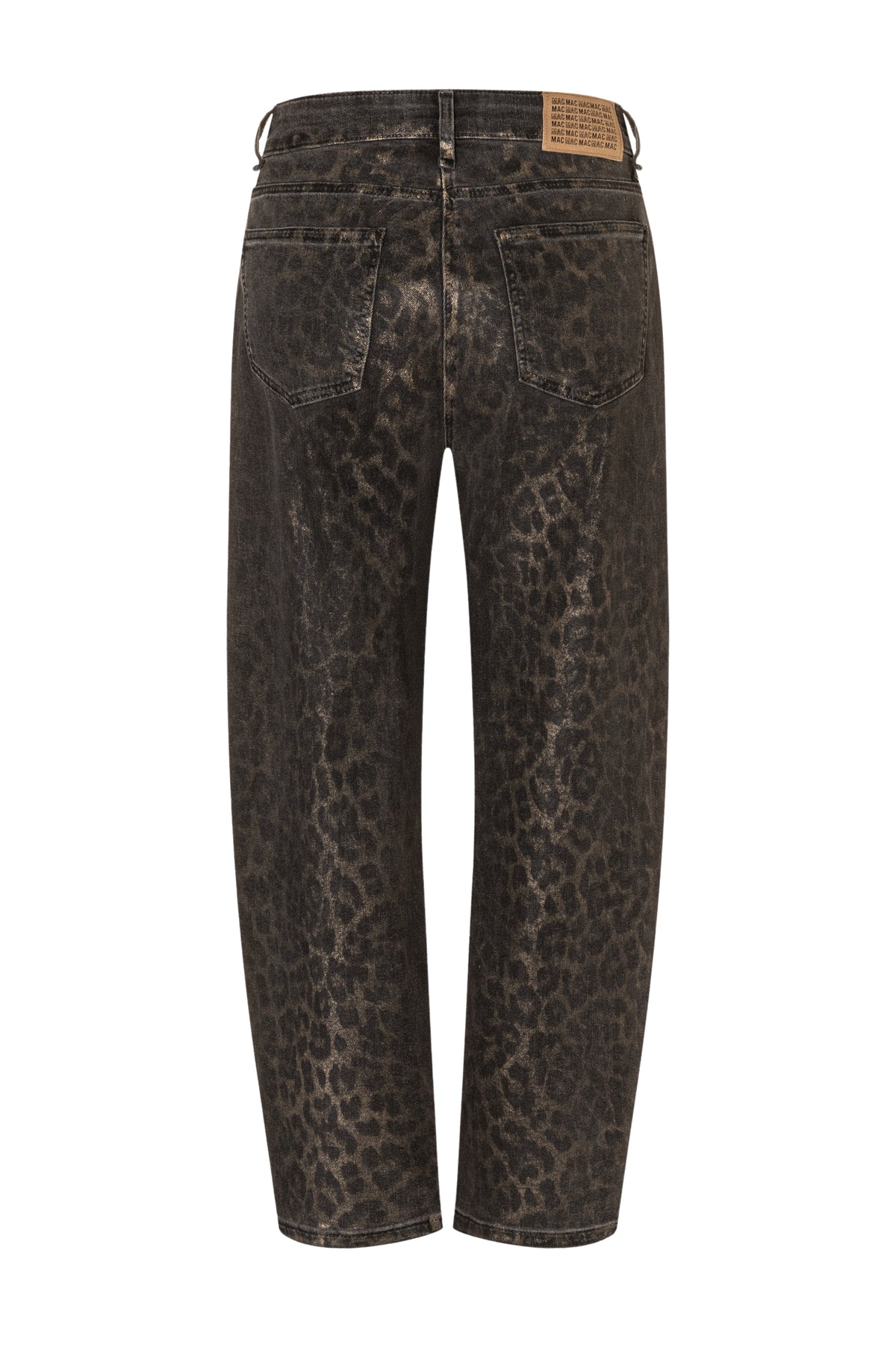 Bruine coated jeans van MAC Jeans Danni Leo, getoond in close-up met details van de stof en pasvorm.