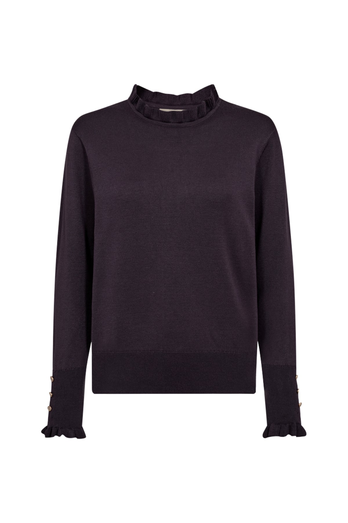 Zwarte trui Fqkatie Nightshade van Freequent met losse pasvorm en ronde hals, gedragen door een model.