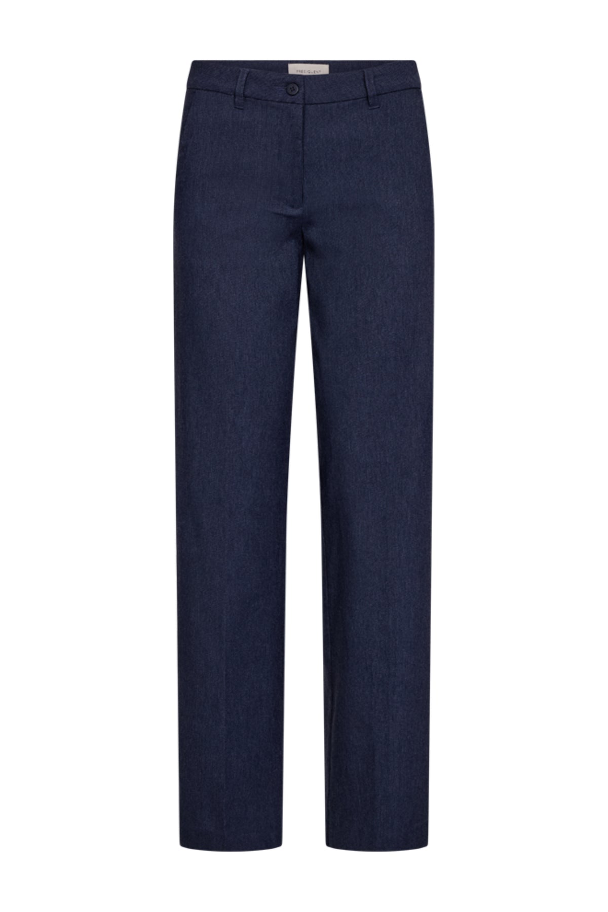 Navy blazer van Freequent met melange patroon, gedragen door een model, close-up van de broek en het materiaal.