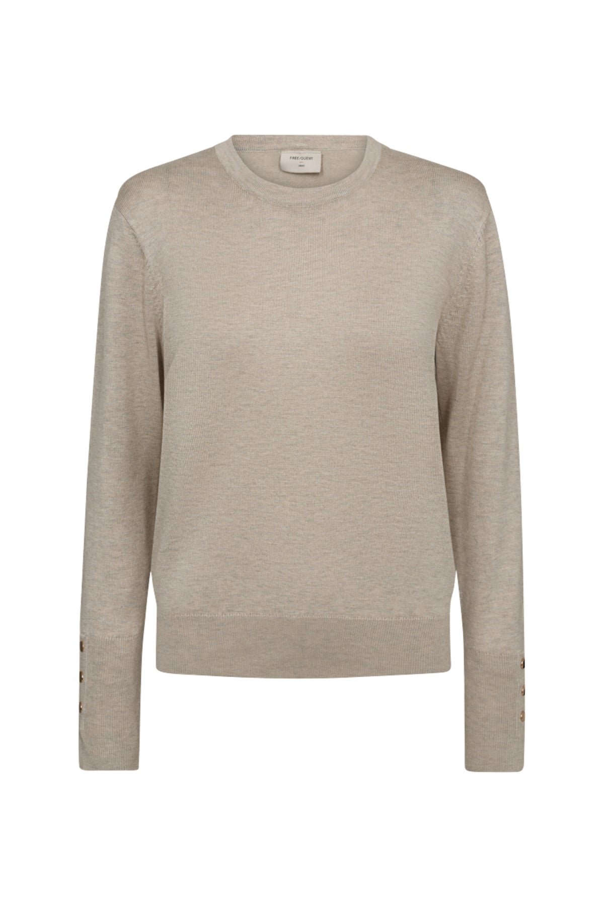 Donkere melange Fqkatie Moonbeam trui van Freequent, close-up van de zachte, comfortabele gebreide textuur.