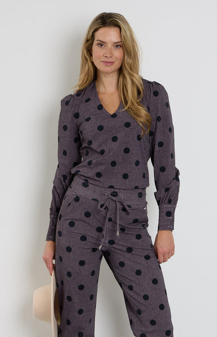 Travel Blouse Puff Sleeves Dot Structure Print Winter Grey 202226