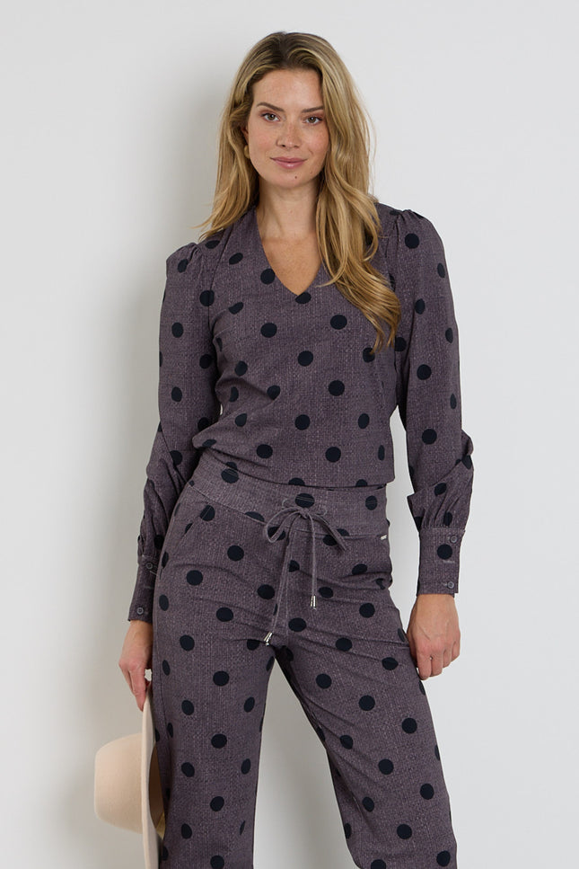 Travel Blouse Puff Sleeves Dot Structure Print Winter Grey 202226