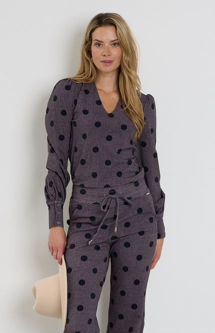 Travel Blouse Puff Sleeves Dot Structure Print Winter Grey 202226