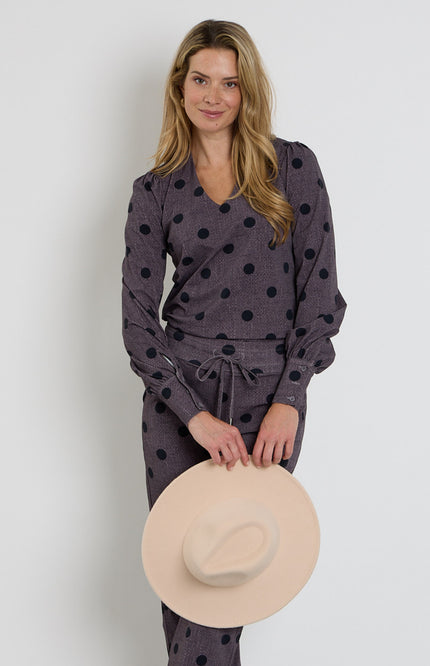 Travel Blouse Puff Sleeves Dot Structure Print Winter Grey 202226