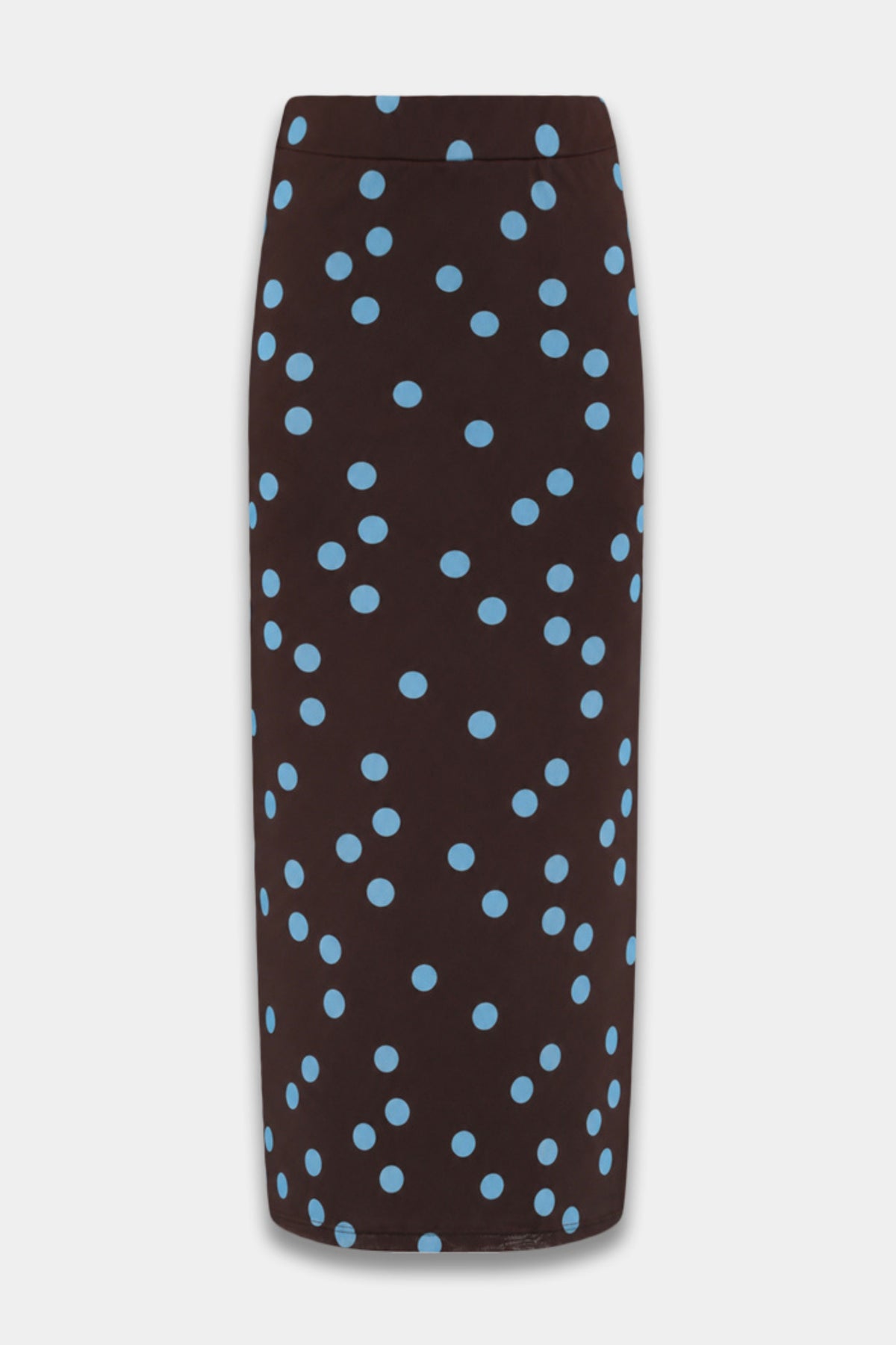 Blauwe rok met polkadots van Harper & Yve, Leny model, zichtbaar met wijd uitlopende pasvorm en charmante print.