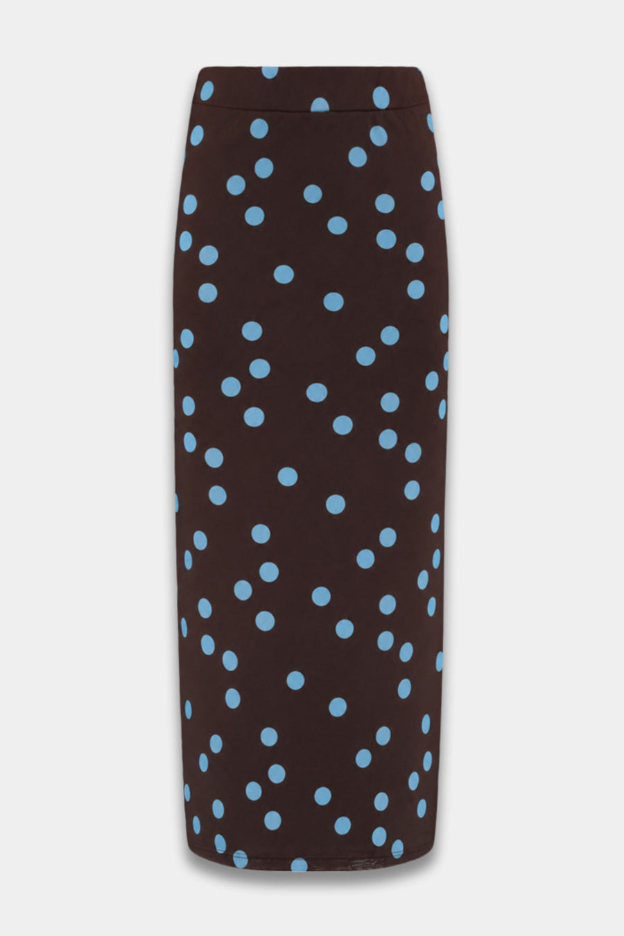 Blauwe rok met polkadots van Harper & Yve, Leny model, zichtbaar met wijd uitlopende pasvorm en charmante print.