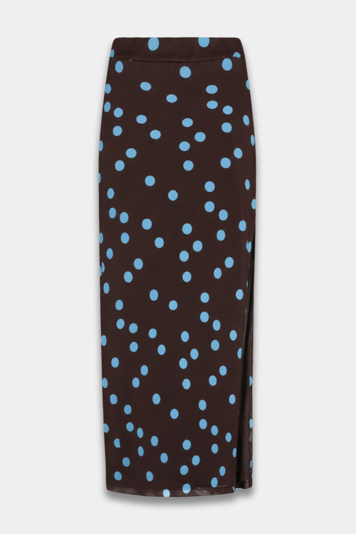 Blauwe polkadot rok van Harper & Yve, Leny model, met een luchtige, vrouwelijke pasvorm en speelse print.