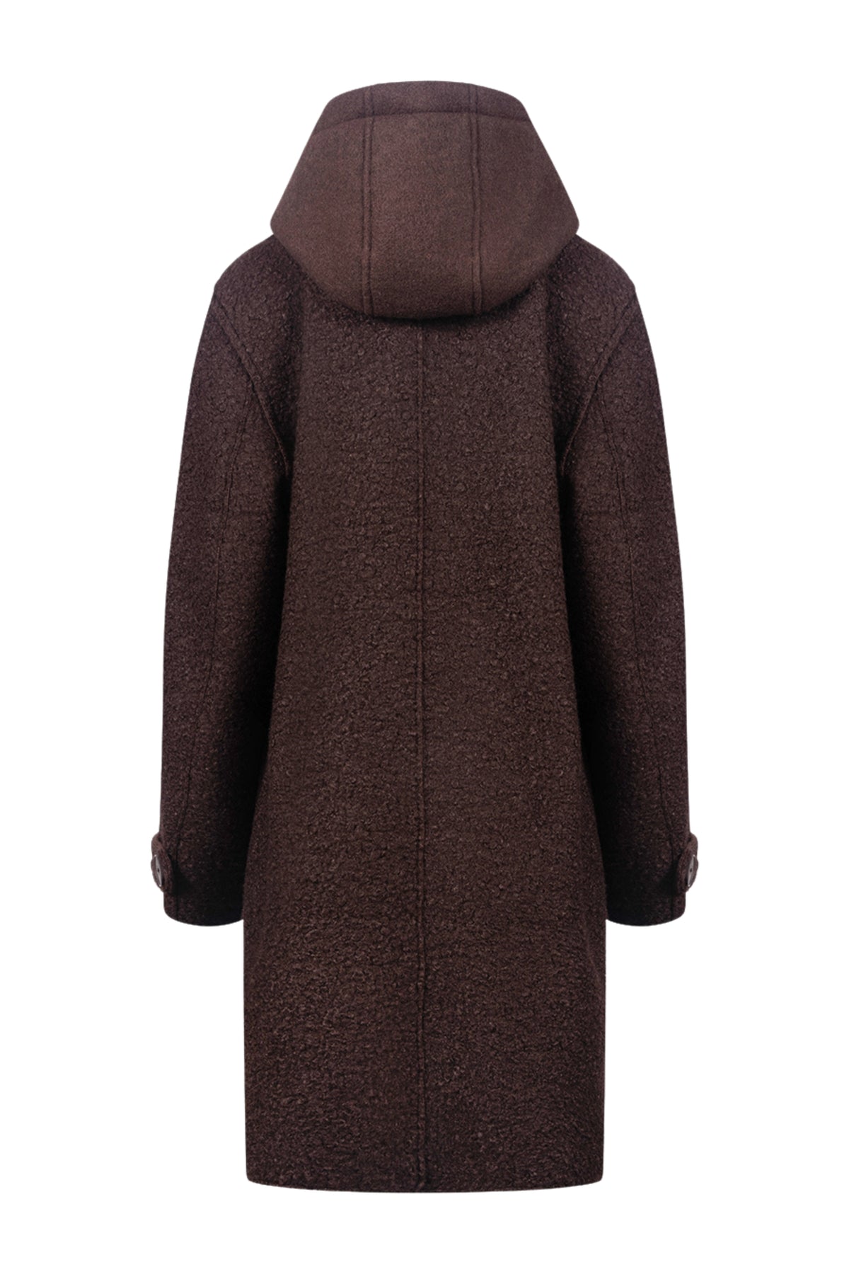 Donkerbruine boucle jas Mirthe van Nukus met knoopsluiting en stijlvolle details, zichtbaar in de afbeelding.
