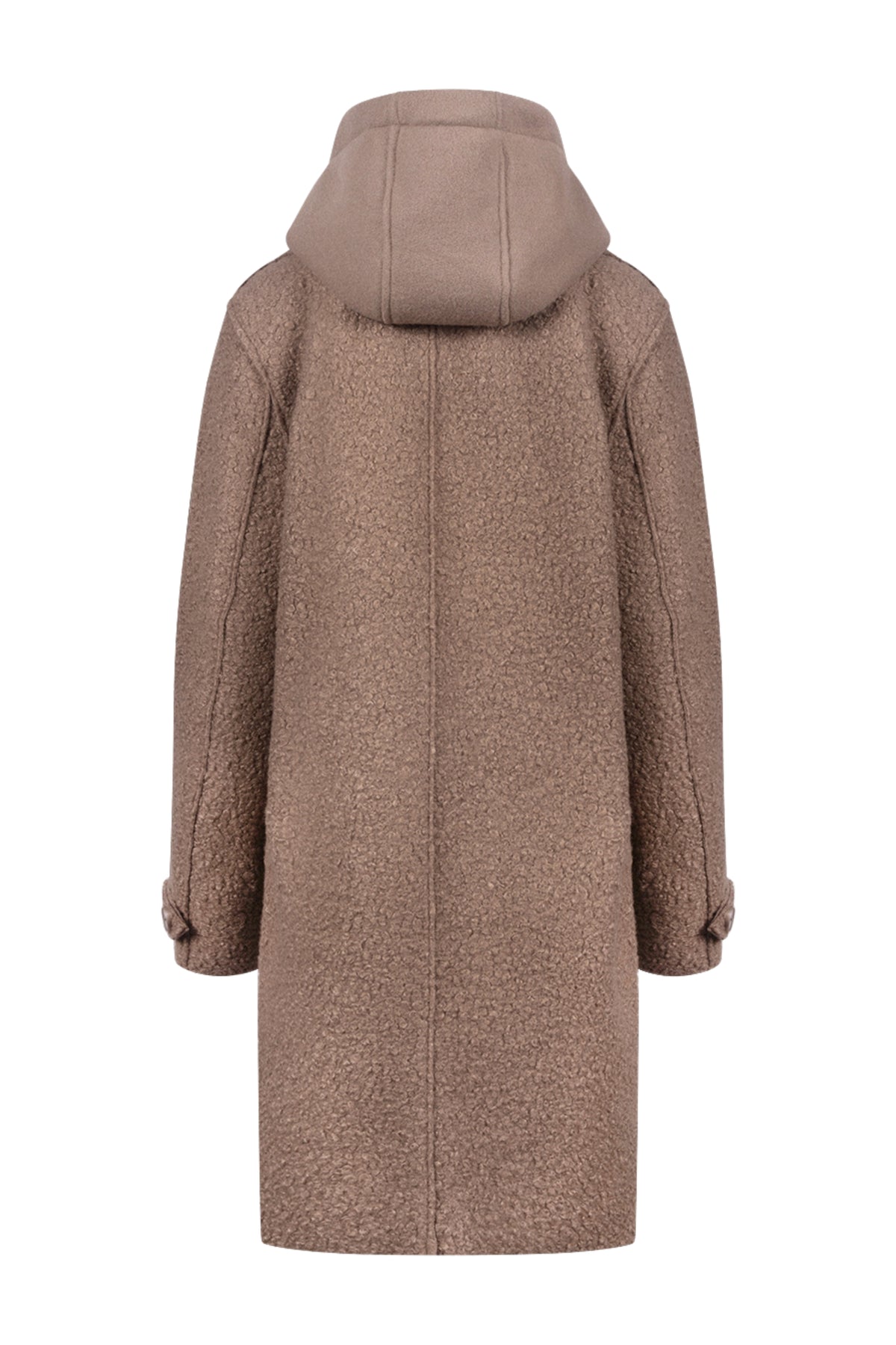 Taupe boucle Jas Mirthe van Nukus met stijlvolle details en comfortabele pasvorm, geschikt voor een modieuze uitstraling.