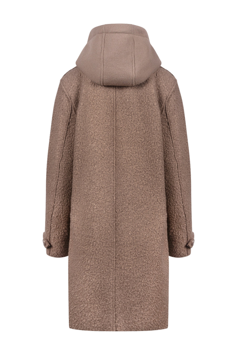 Taupe boucle Jas Mirthe van Nukus met stijlvolle details en comfortabele pasvorm, geschikt voor een modieuze uitstraling.