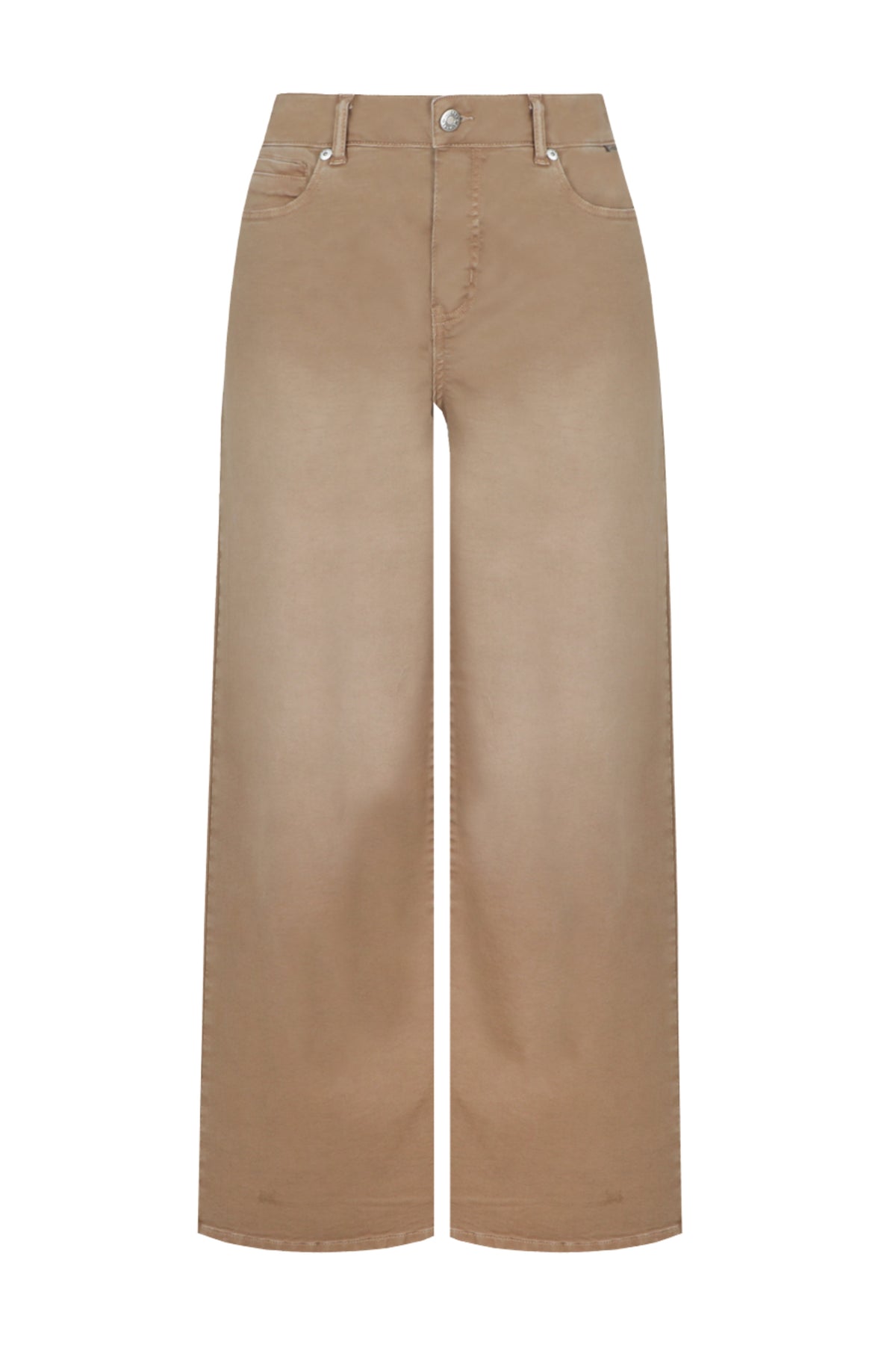 G-maxx Neona licht camel jeans met rechte pasvorm en stijlvolle details, gelegen op een witte achtergrond.