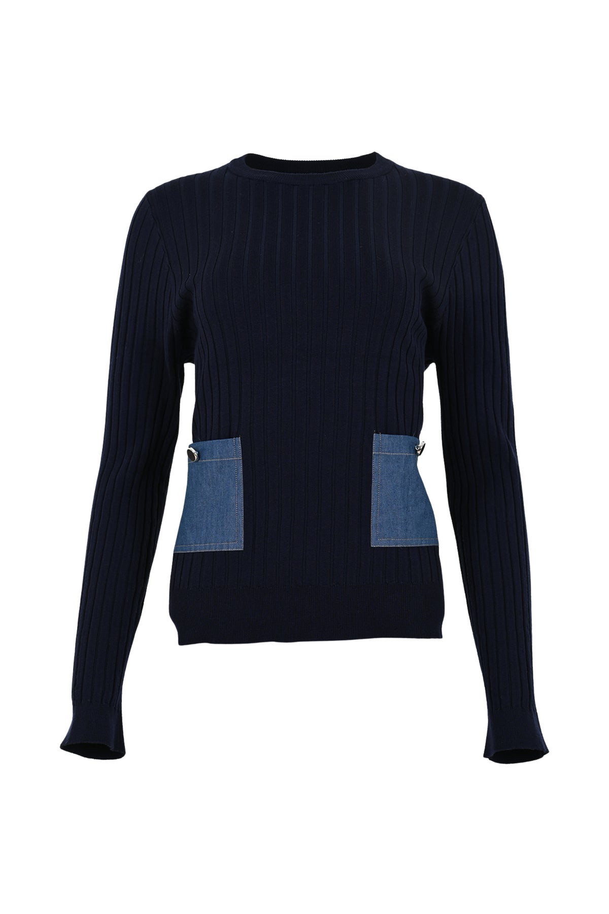 Navyblauwe sweater Pess van Maicazz & Zizo, gedragen door een model, met zachte stof en ronde hals.